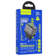 CARICABATTERIA HOCO N34 USB-C +USB-A QC3.0 PD 3A 20W TRASPARENTE NERO