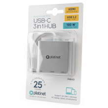 HUB USB-C 3.2 5GBPS 3 IN 1 HDMI 4K + USB-A 3.2 + USB-C PD 100W IN ALLUMINIO